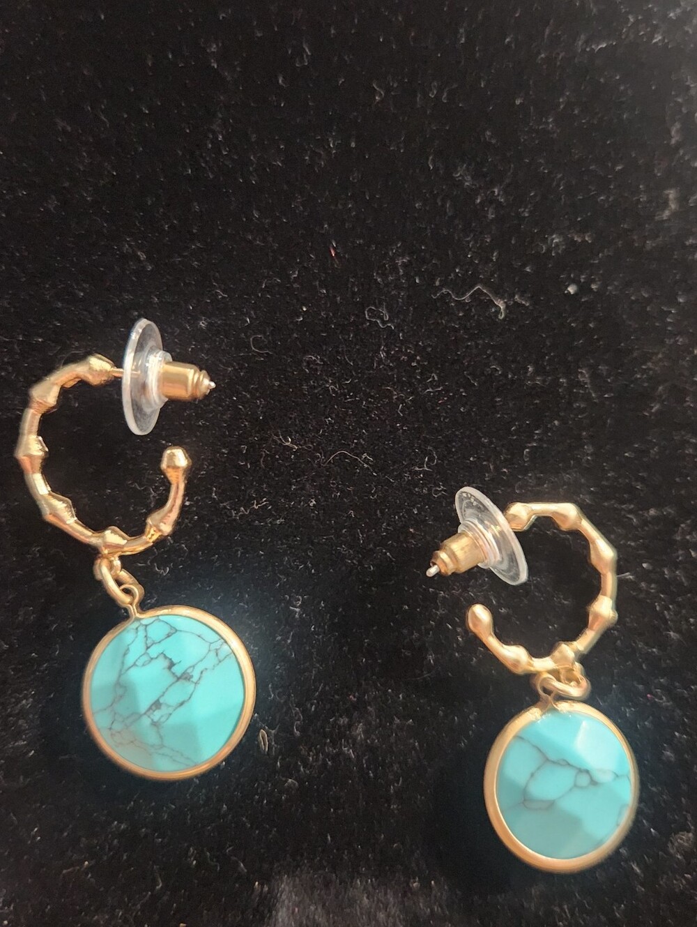 Gold Hoop Drop Earrings with Turquoise Stone